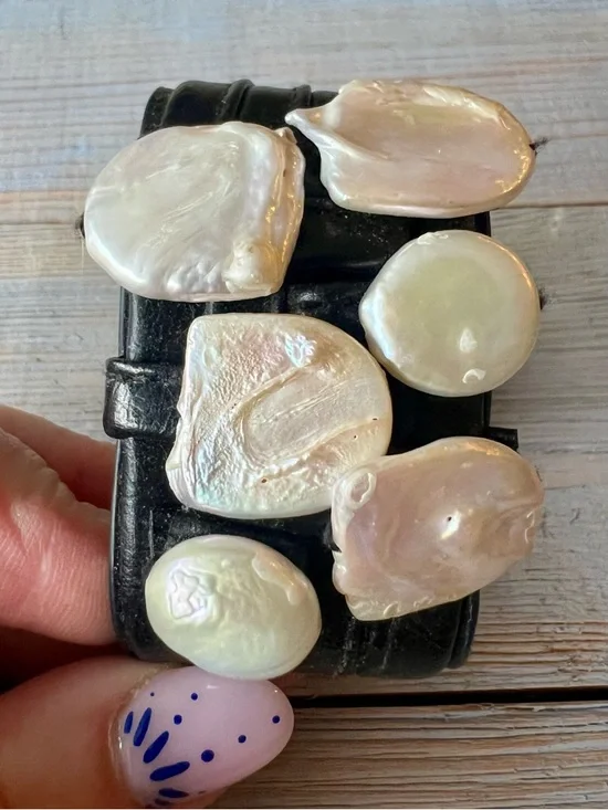 Handcrafted Black Leather Bracelet Genuine Button Pearls Statement Cuff - Picture 7 of 11